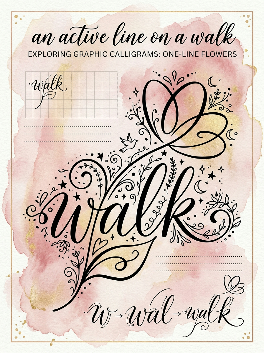 The word WALK drawn as a single continuous line that turns into flowers and leaves