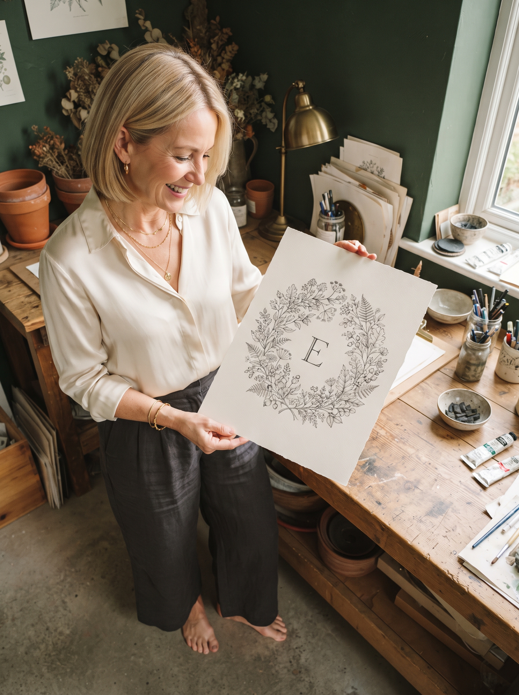 A finished botanical monogram wreath drawing held up in a plaster-walled studio