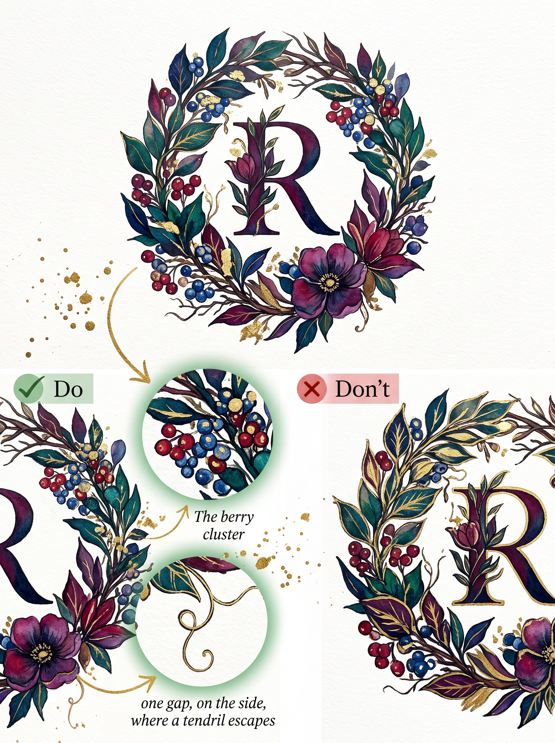 Where to place gold on a botanical monogram wreath - berry clusters and one escaping tendril