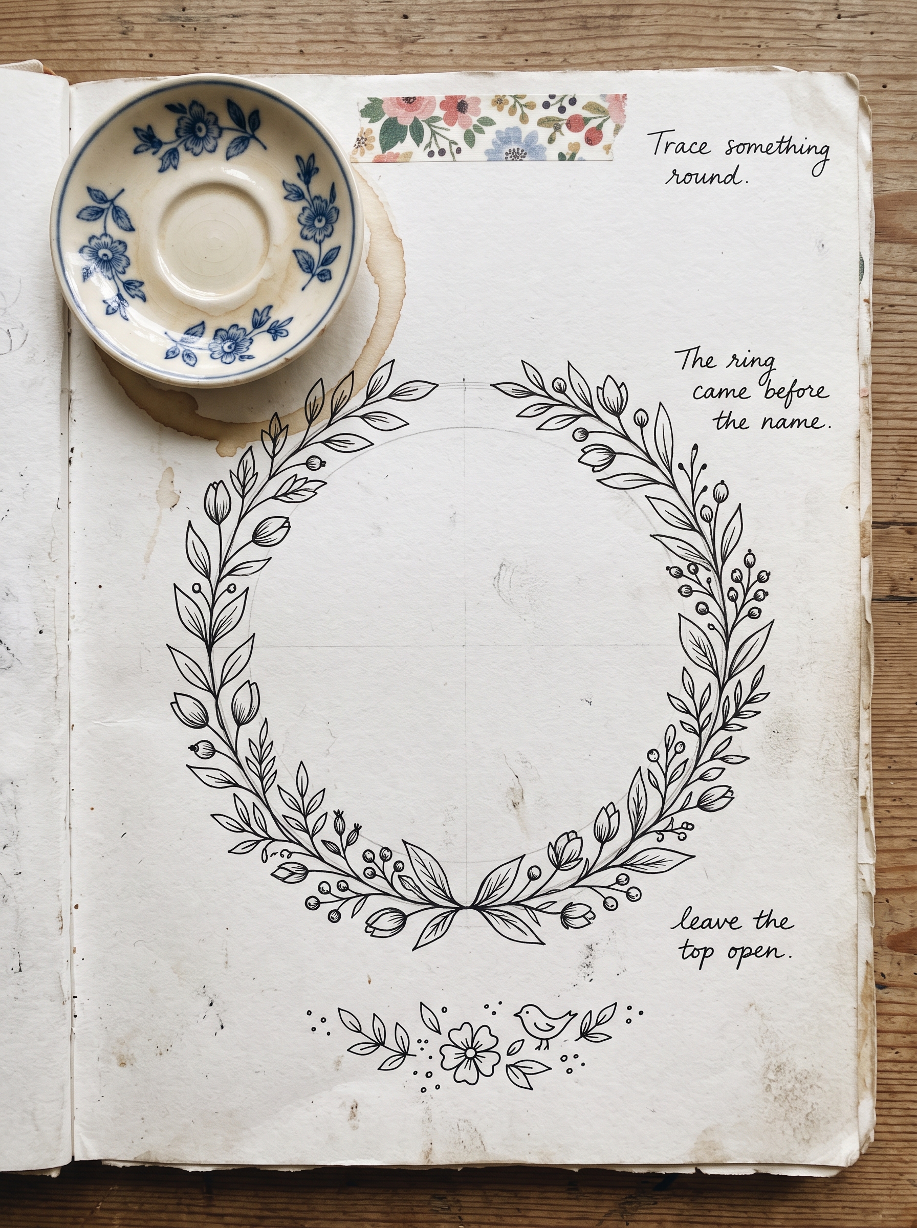 Artist journal page working out how to draw a wreath from a traced saucer
