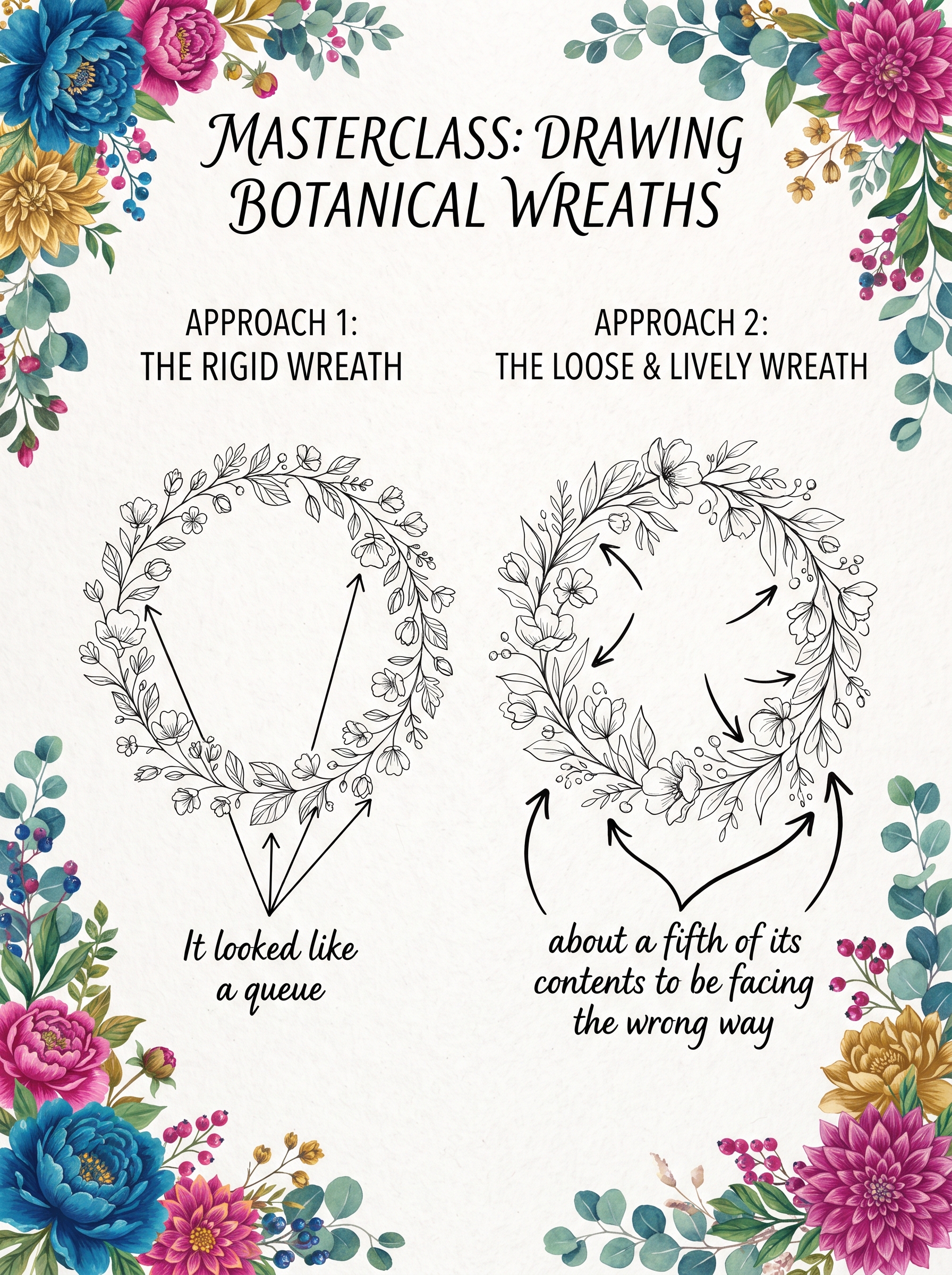 Wreath drawing mistakes compared side by side with the corrected version