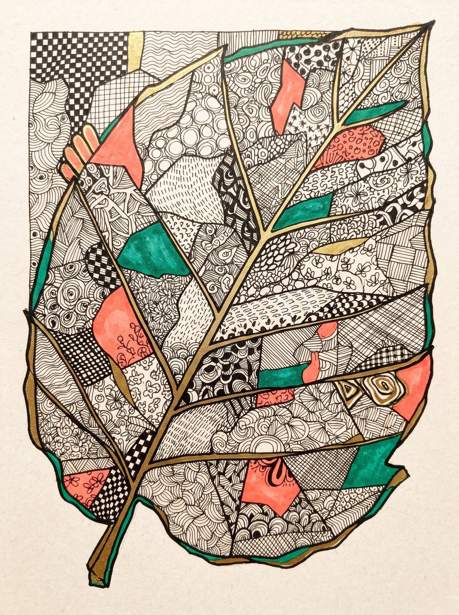 Leaf panel filled with zen doodle textures in coral, green and gold