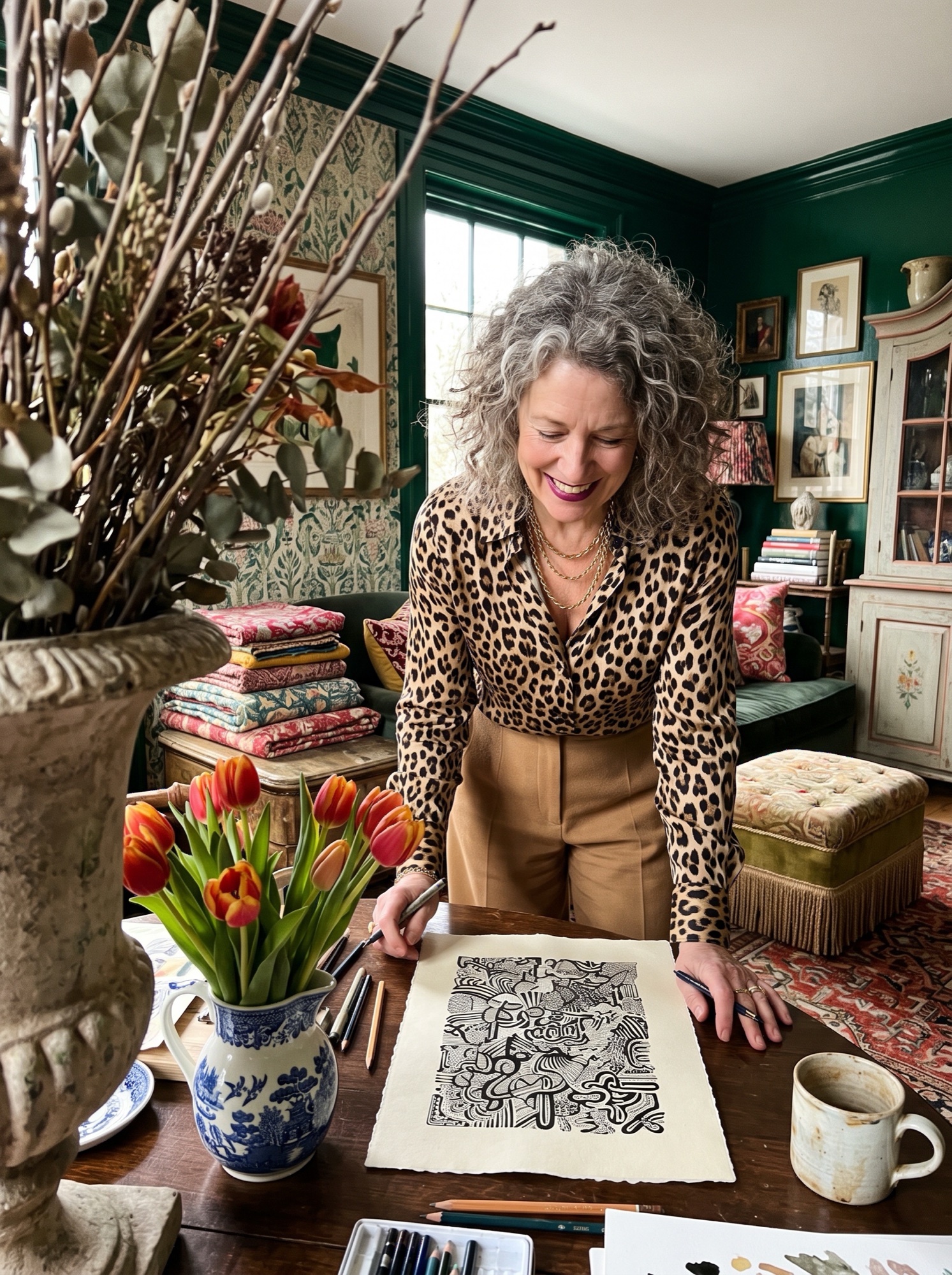 Woman looking at a finished zen doodle pattern panel on her table