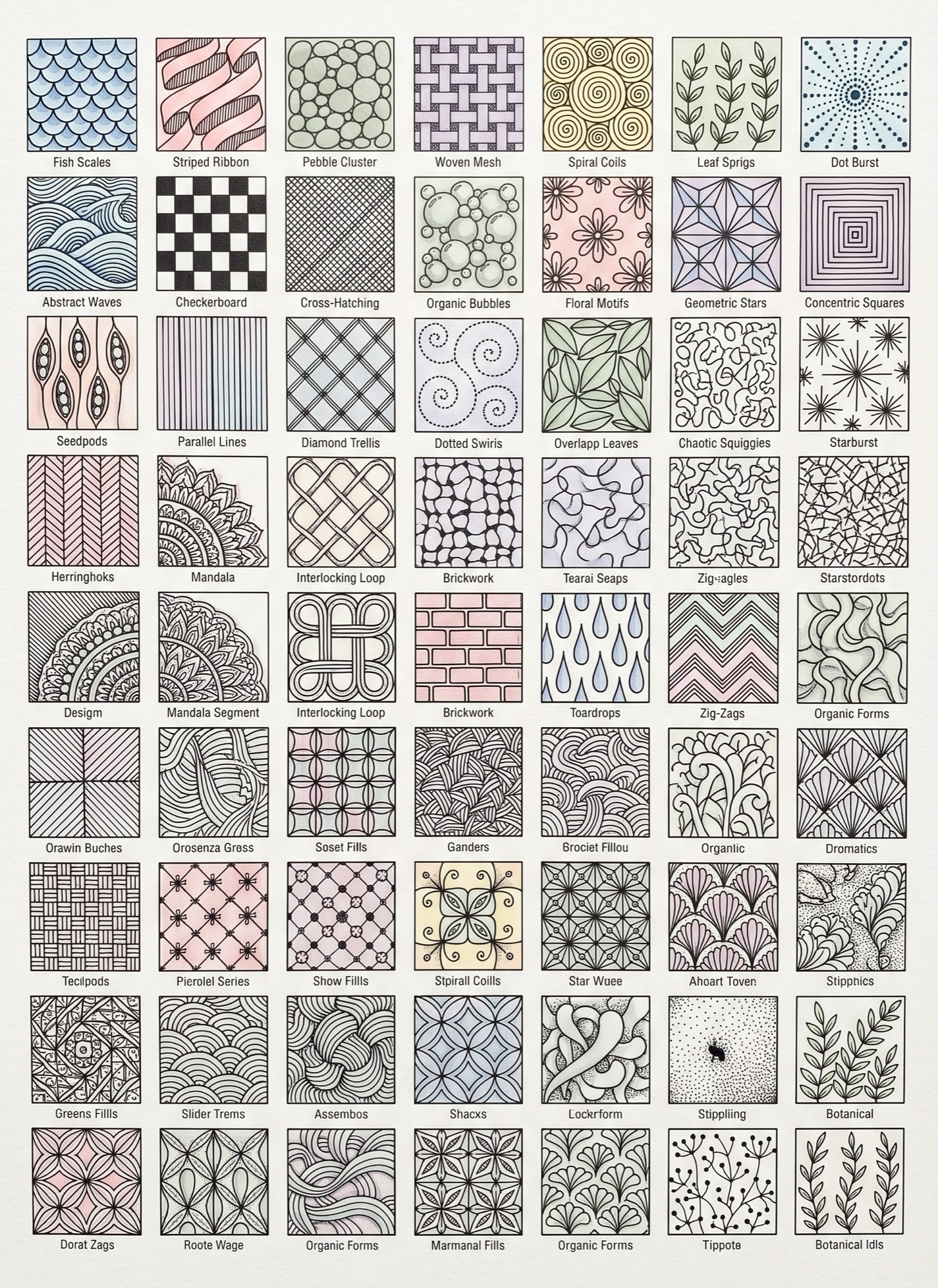 Zen doodle patterns reference chart of named hand drawn fill swatches