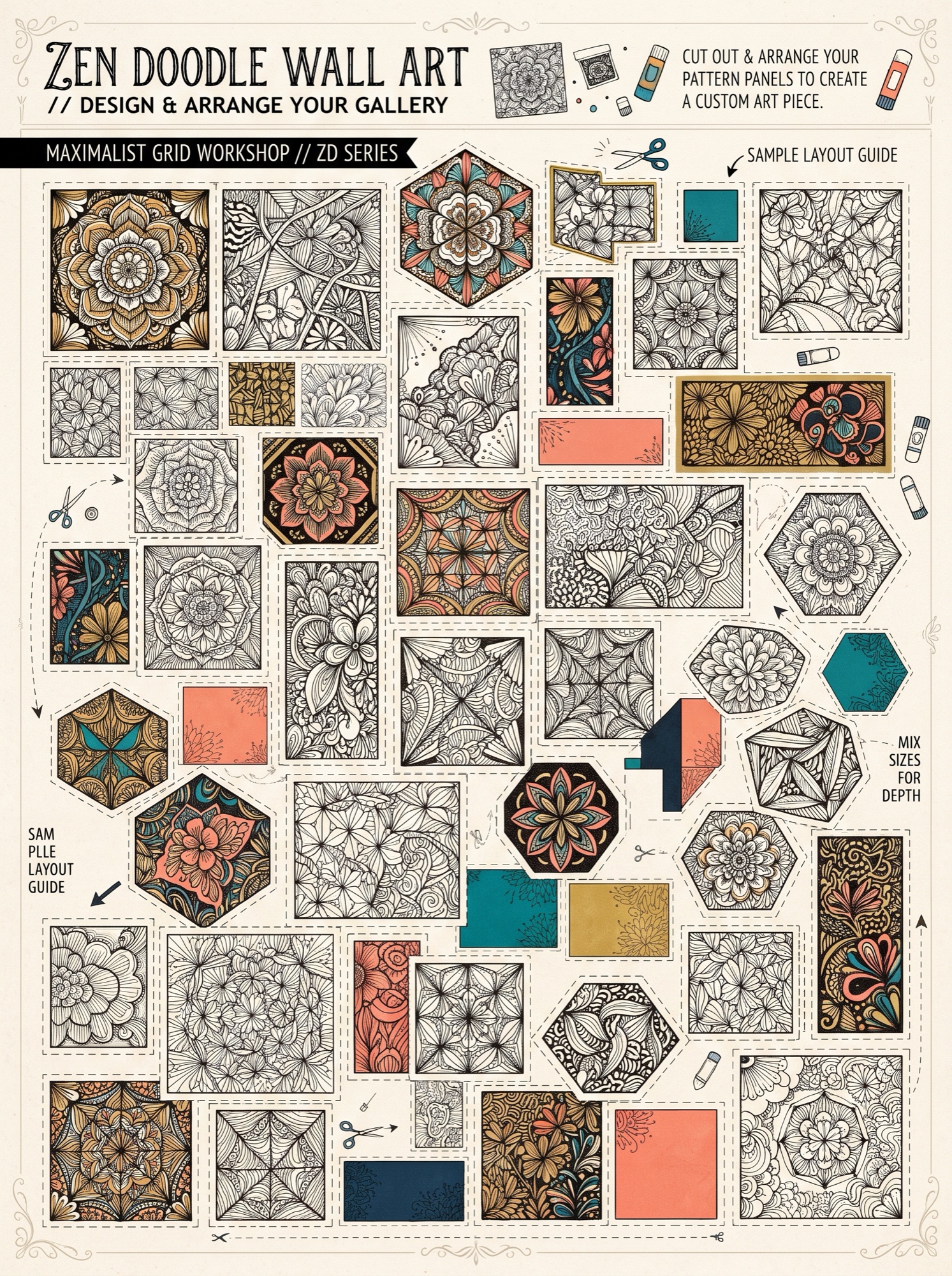 Zen doodle wall art grid of pattern panels to cut out and arrange
