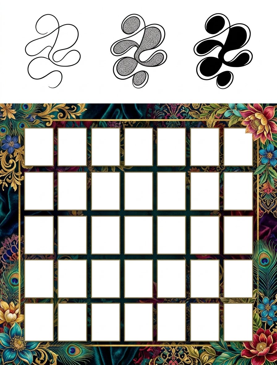 Abstract drawing ideas as a daily plan: a 3-step motif build above a grid of empty squares