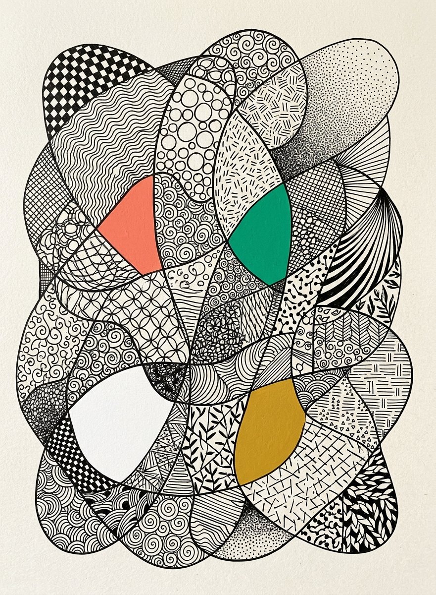 One abstract form broken into segments, each filled with a different pen texture
