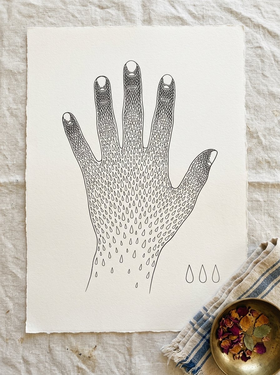 Abstract drawing ideas in practice: a traced hand outline filled with one teardrop repeated