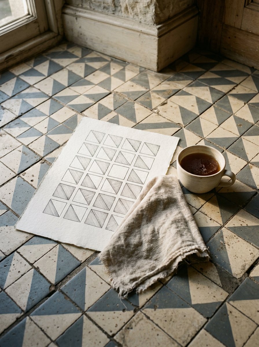 A two-tone tiled floor with the same repeat drawn by hand on paper lying on it