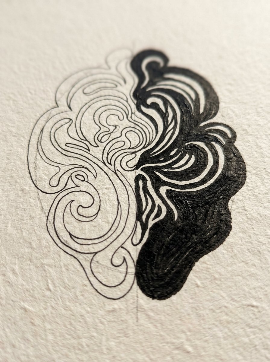 Abstract drawing ideas mid-build: one form half bare line and half solid black
