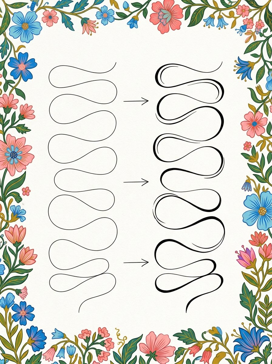 Abstract drawing ideas compared: an even mechanical line beside the same line swelling at its turns