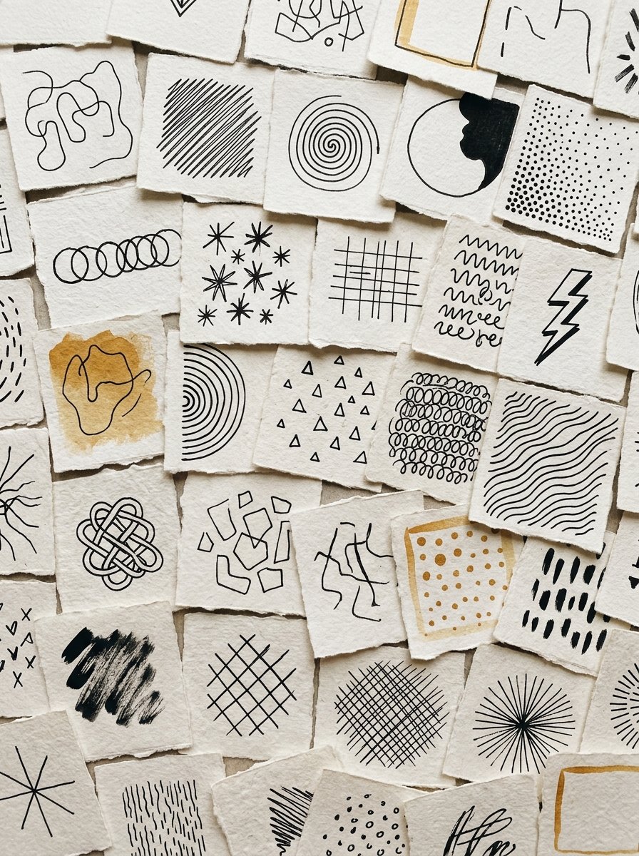Abstract drawing ideas: about 40 torn paper squares, each carrying a different pen mark study
