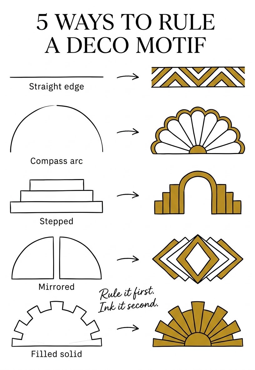 Art deco drawing cheat strip: 5 ruled constructions turning into finished motifs
