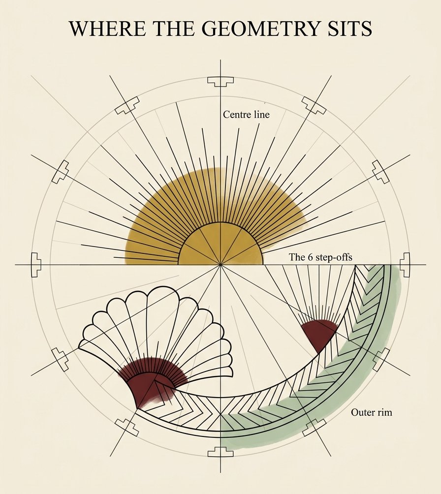 Art deco drawing composition diagram showing the centre line and 6 compass step-offs