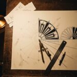 Art deco drawing in progress on a night drafting board, compass open on the centre mark
