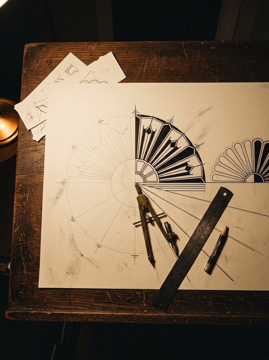 Art deco drawing in progress on a night drafting board, compass open on the centre mark