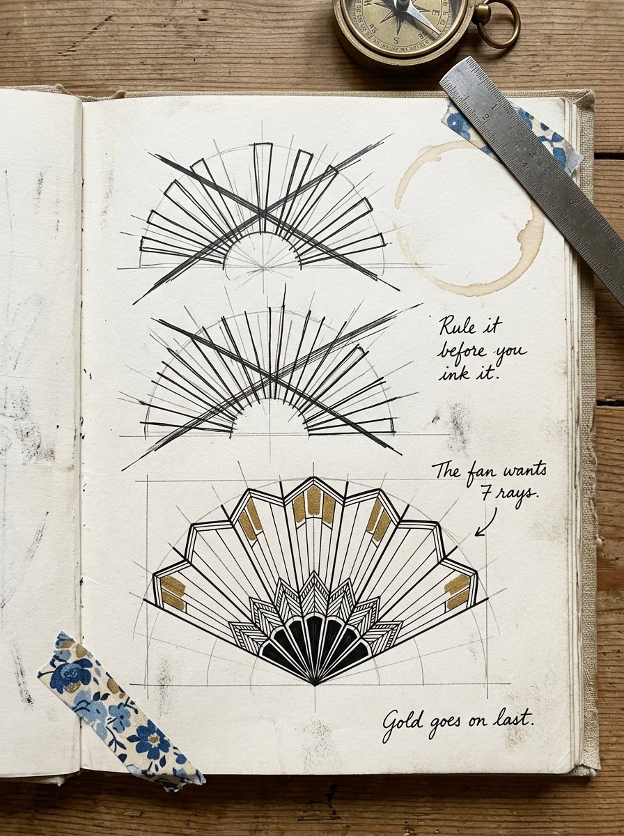 Journal spread of crossed-out fan attempts and one clean fan with gold ribs