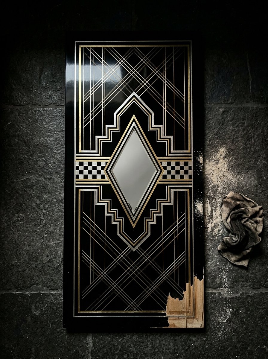 Art deco drawing: black lacquer screen panel with silver and gold geometric borders, lit by one candle
