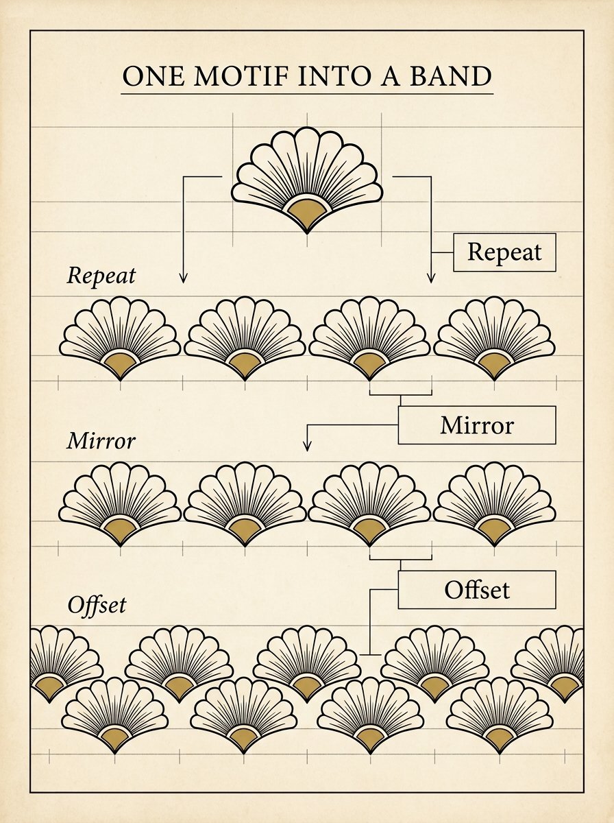 Blueprint turning one scalloped fan into a repeating border band