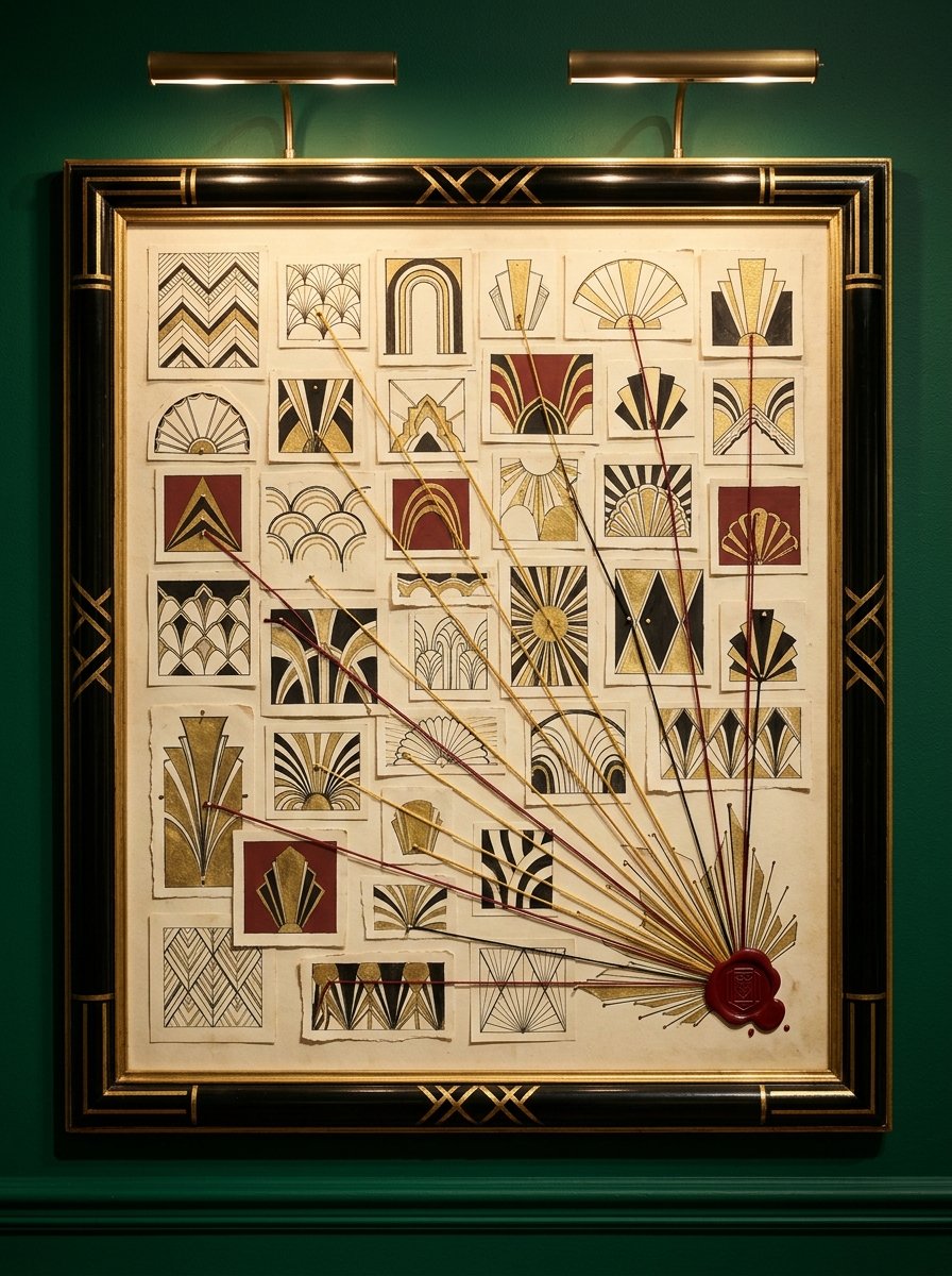 Framed panel of about 40 small art deco motif studies threaded together