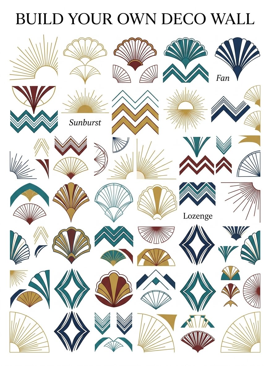Grid of art deco drawing motifs in gold, oxblood and navy for a wall set