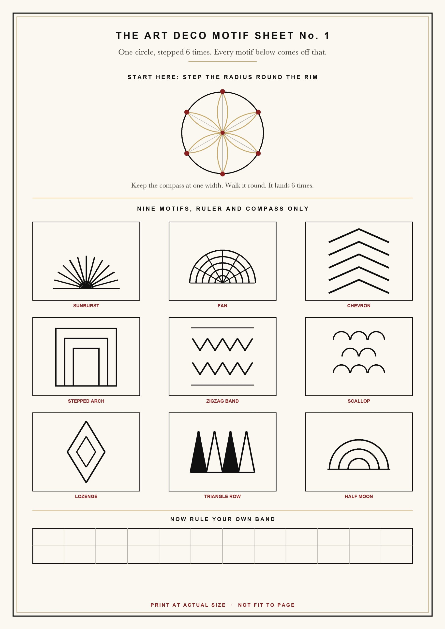 Free art deco drawing motif sheet: 1 circle stepped 6 times, then 9 motifs ruled off it