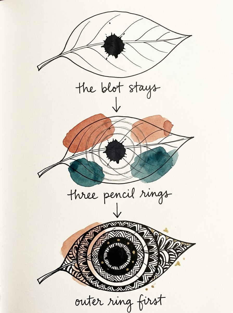 Art journaling for beginners: an ink blot becomes the centre of three pencil rings filled with zen doodle patterns