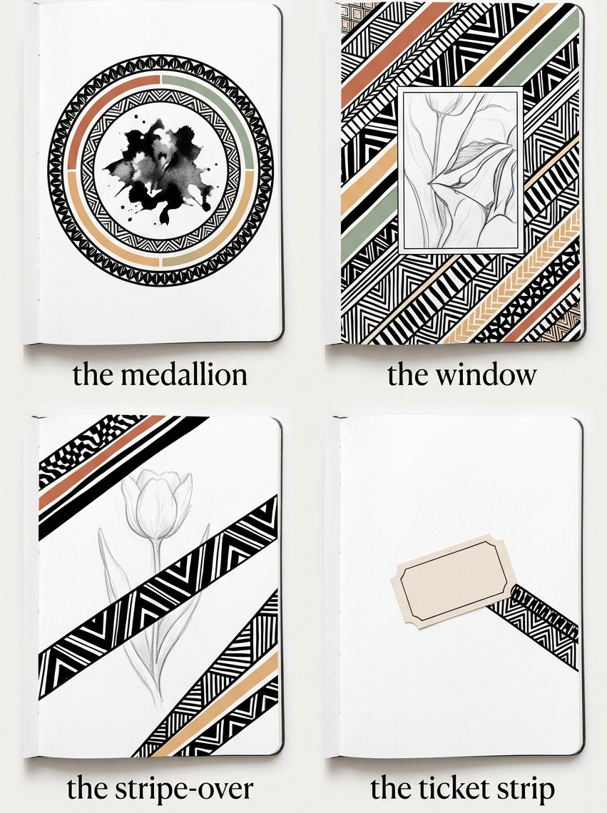 Art journaling for beginners, 4 layouts side by side: the medallion, the window, the stripe-over and the ticket strip