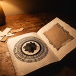 Open art journal at night with an ink blot rescued inside patterned rings and a torn scrap patterned around its edge