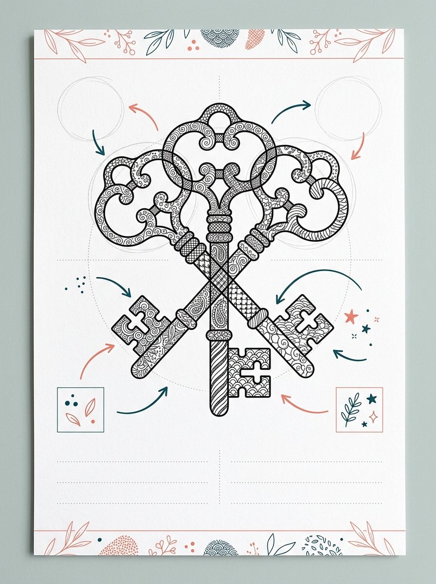 Art journaling for beginners: three overlapping key outlines patterned with zen doodle fills, with dotted spacing guides and small accents around them