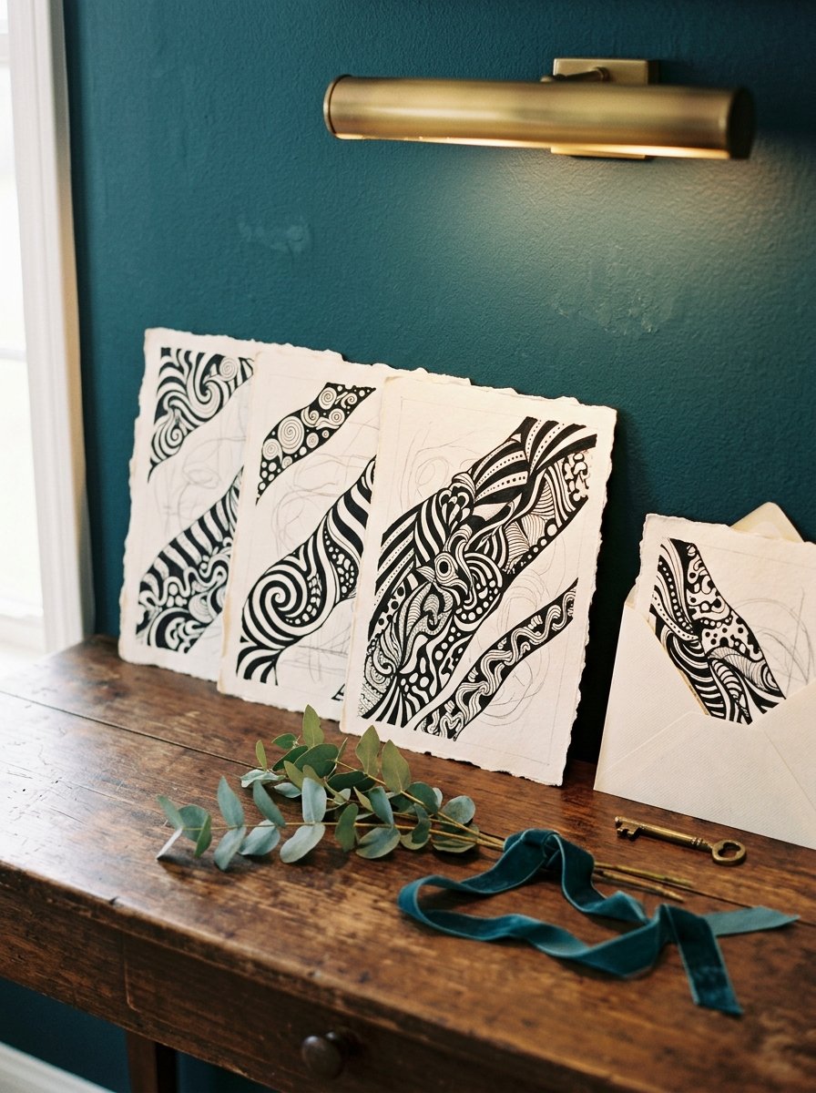 Torn-out art journal pages patterned with slanted zen doodle stripes, propped on a hall table beside an envelope