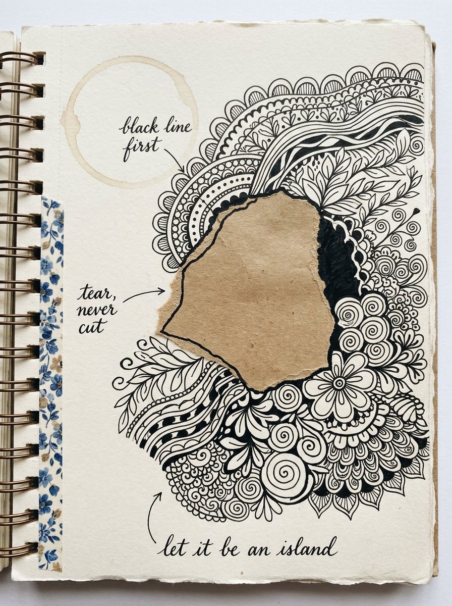 Art journal page with a torn brown paper scrap outlined in black and surrounded by zen doodle patterns like an island