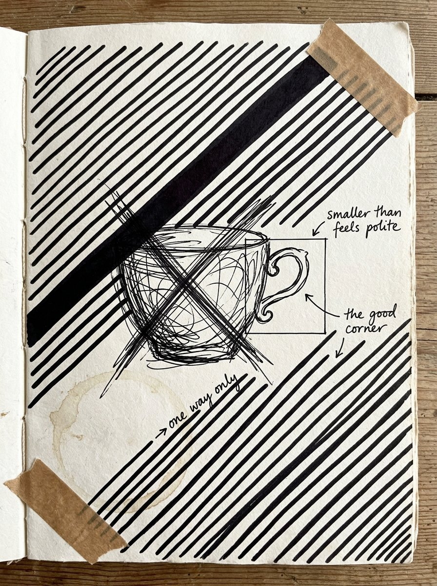 Art journaling for beginners: a failed teacup drawing rescued by a small window and diagonal stripes
