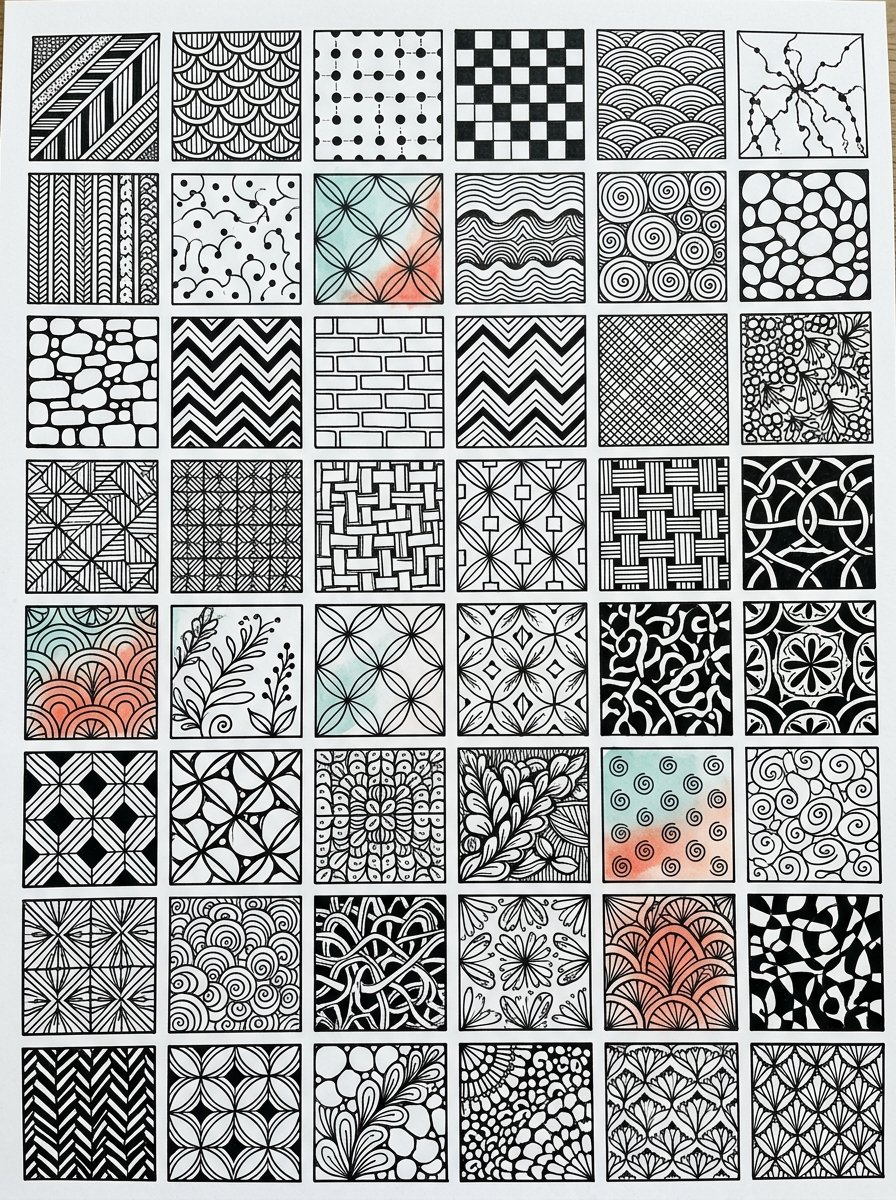 A library of 30 bold zen doodle fills for art journal pages: stripes, scallops, dots, checks and spirals