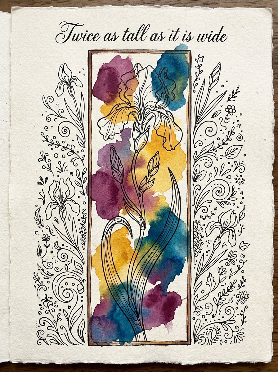 Art nouveau drawing: a tall iris drawn in one flowing line, its stem bending to fit a narrow upright panel