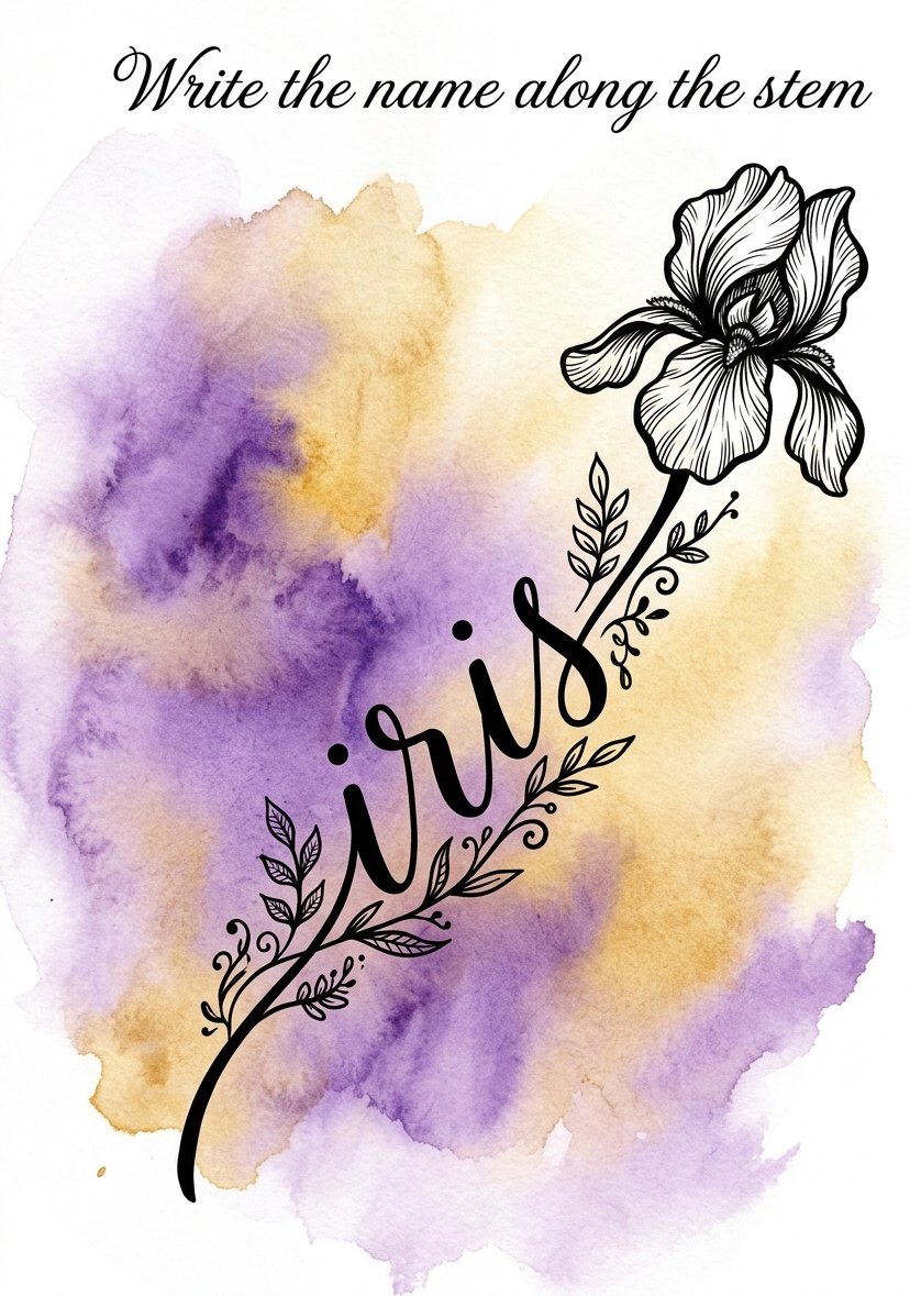 An iris whose curving stem carries its own name written in joined-up script