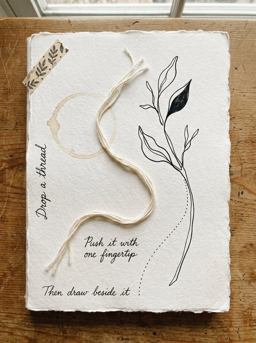 Art nouveau drawing: journal page with a loose thread laid in an S-curve and an ink stem drawn beside it