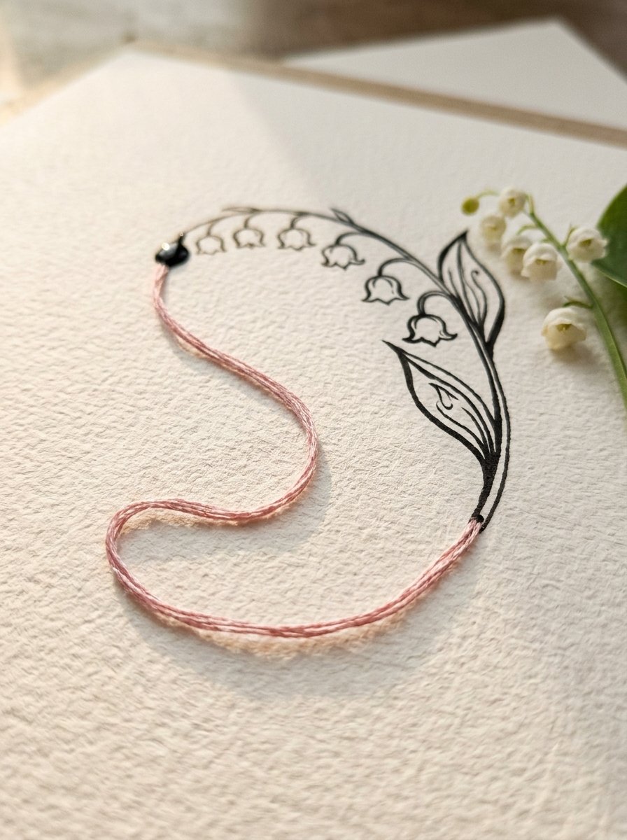Art nouveau drawing cover: a silk thread curve turning into an ink lily of the valley