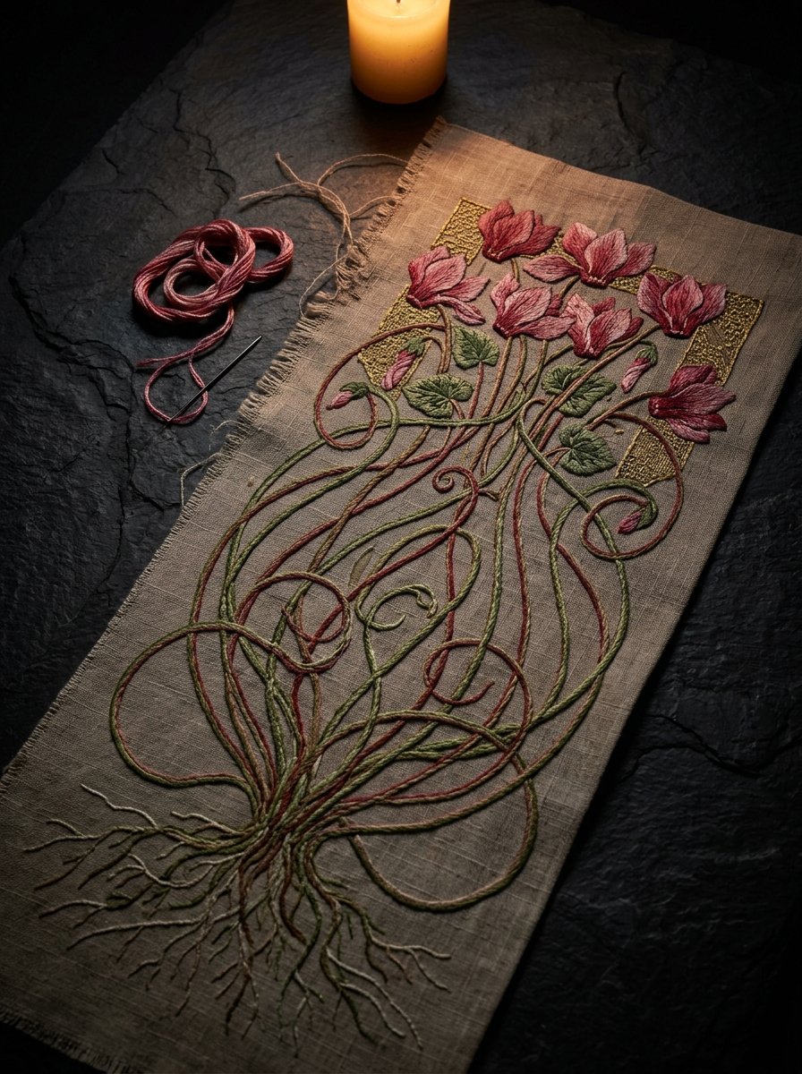Art nouveau drawing's whiplash line: a whole cyclamen plant stitched in looping silk on old linen