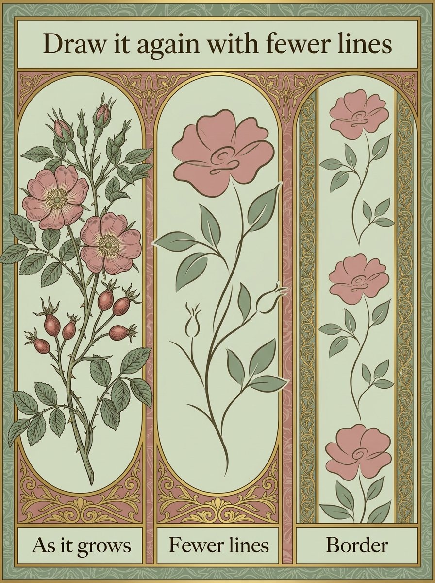 One wild rose drawn as it grows, again with fewer lines, then repeated as a border