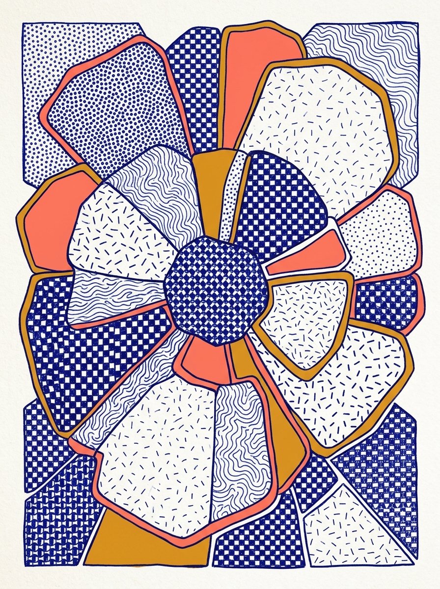 Ballpoint pen drawing of an anemone filled with dots, checks and wavy line patterns