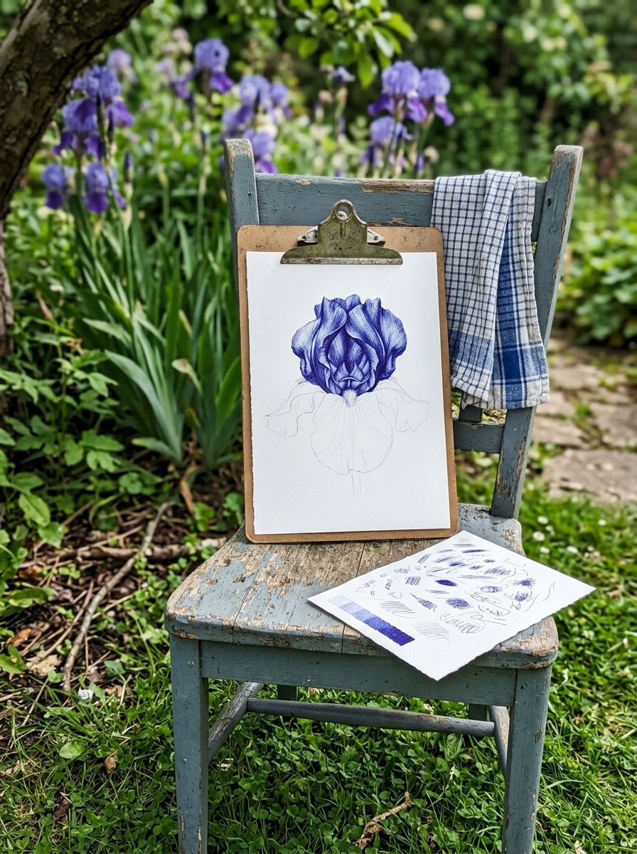 Ballpoint pen drawing of an iris half built in blue ink on a clipboard on a garden chair