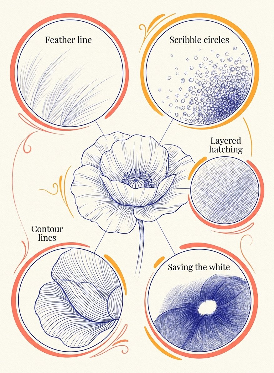 Ballpoint pen drawing marks shown in zoom-in circles around a blue ink poppy
