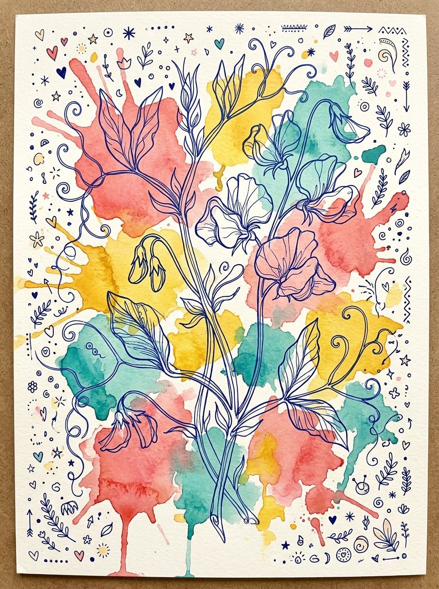 A sweet pea drawn as one moving blue line with three soft colour patches behind it