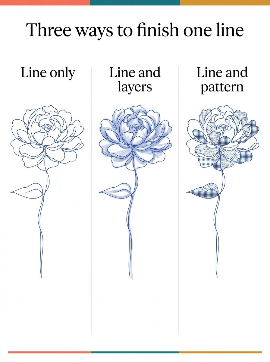 Three ways to finish one ballpoint pen drawing line, shown side by side in blue ink