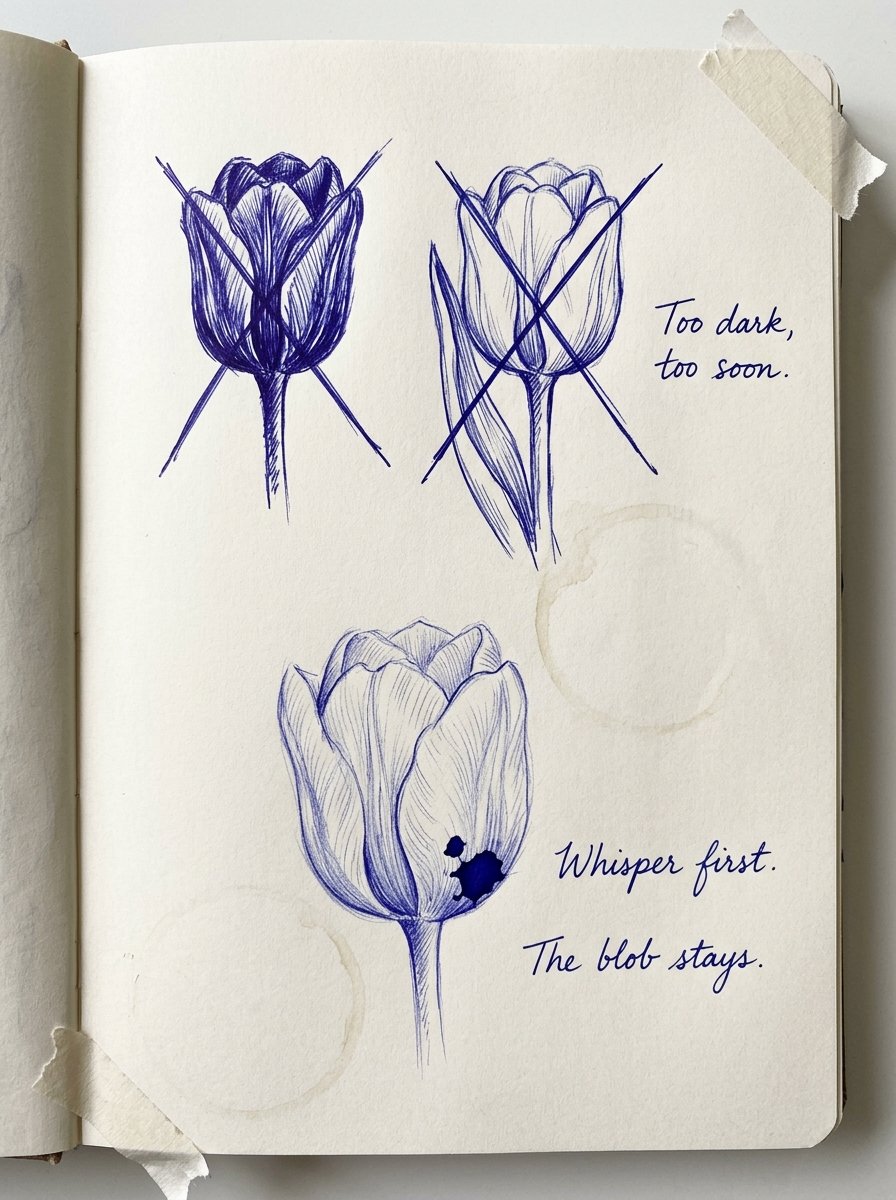 Ballpoint pen drawing attempts of a tulip in a notebook, with handwritten margin notes