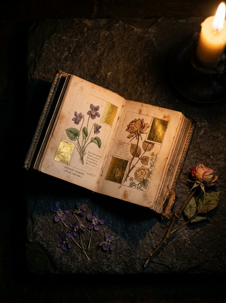 A small Victorian flower book open in candlelight, the source of the hidden meaning behind each birth month flower drawing