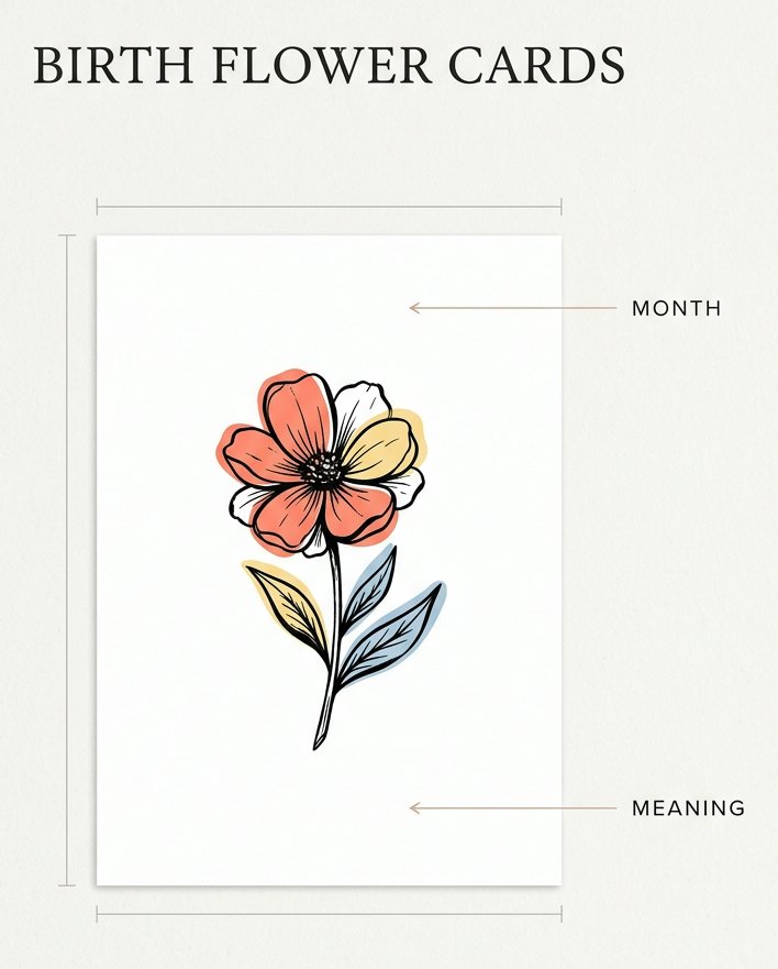Composition blueprint for birth flower cards, showing where the flower, the month and the meaning sit