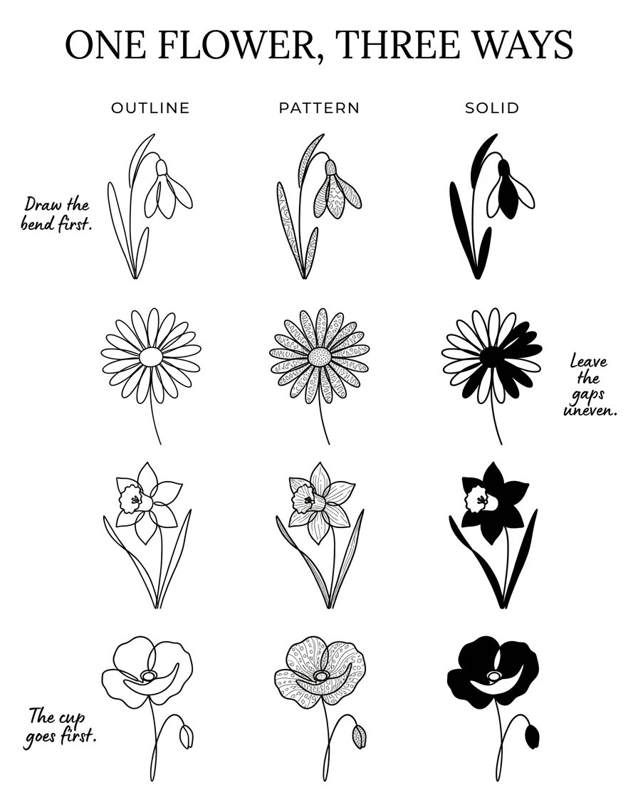 Birth month flower drawing matrix showing four flowers drawn as outline, pattern and solid