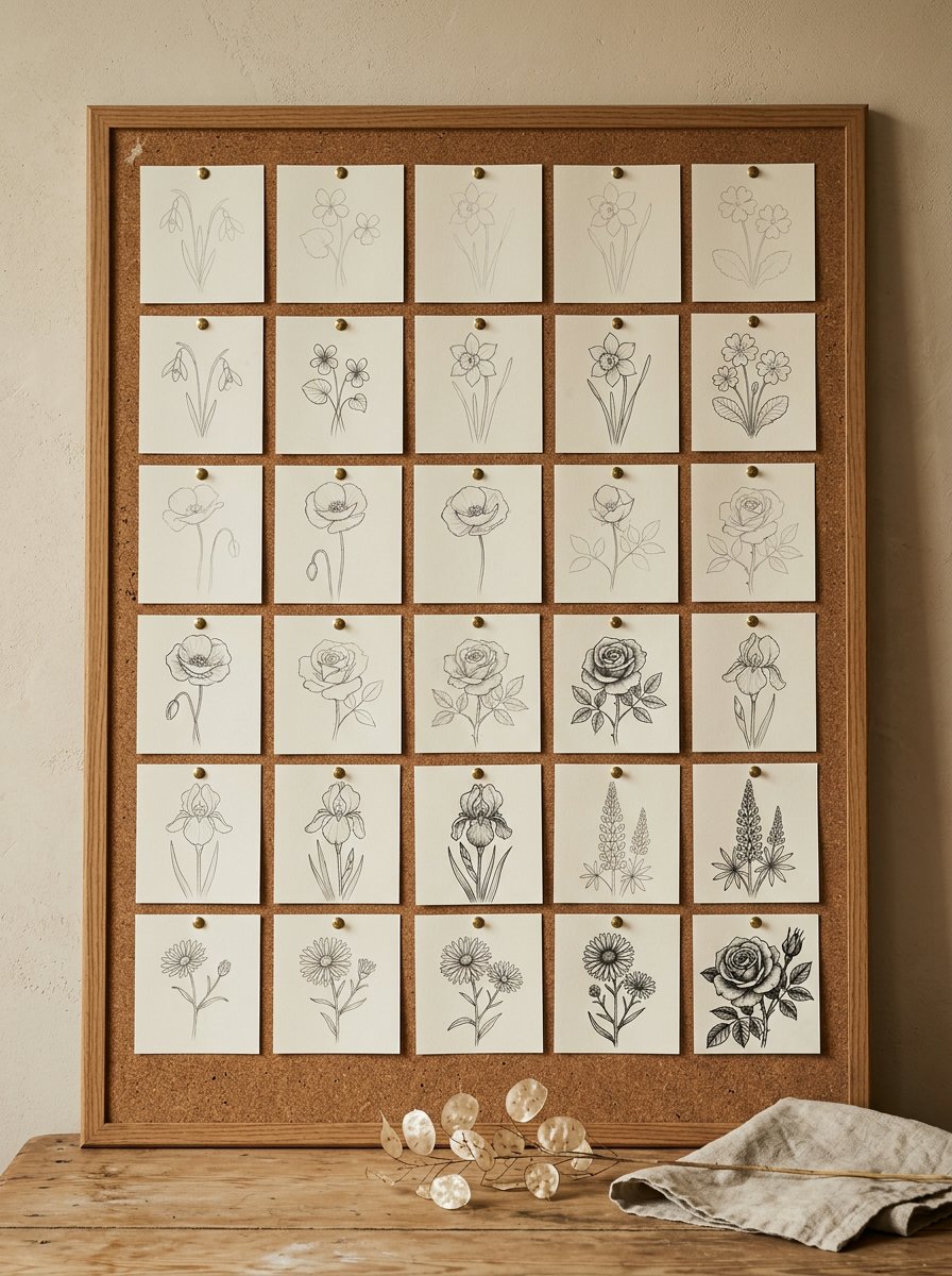 Cork pinboard of small birth month flower drawing studies, hesitant at the top and steady by the bottom row